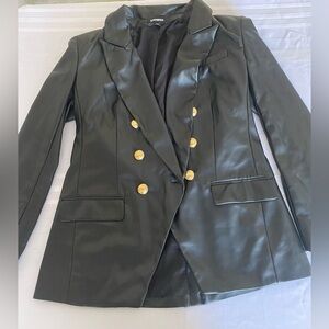 Women’s Express Polyurethane Black Military Style Jacket Gold Hardware Buttn Med